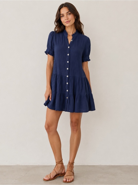 Stark X Dresses & Skirts - Stark X Navy Cotton Gauze Tiered Button Front Mini Dress | Ruffle Collar